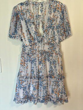 Floral Open Back Ruffle Mini Dress Blue Orange Size S
